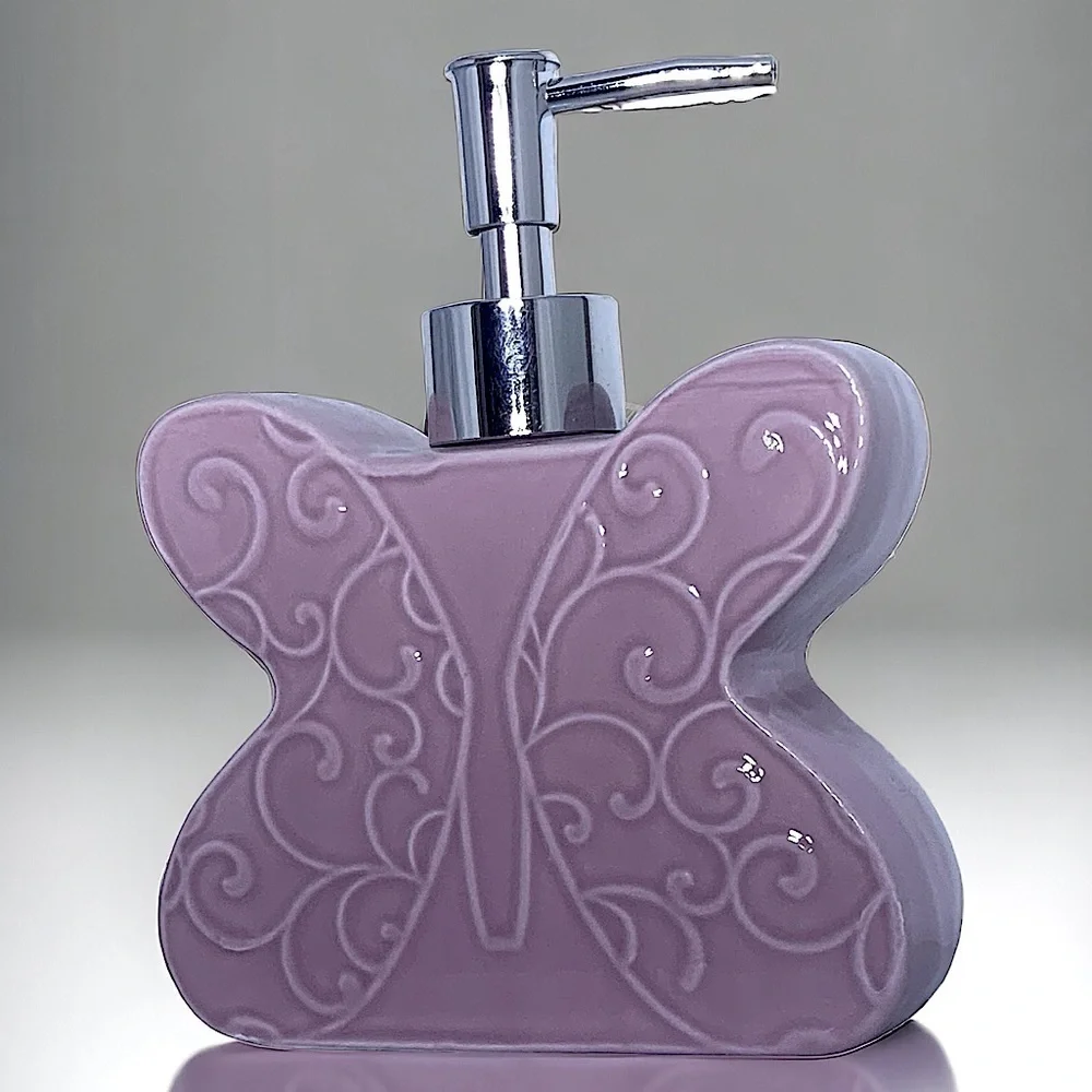 Matt & Maddie Butterfly Soap Lotion Dispenser Embossed 3D Floral Ceramic Pink
